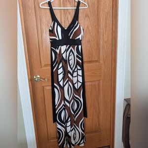 Bisou Bisou Size (6-10) Maxi Thin Strap Brown Black Cream Sun Dress W/ Bra